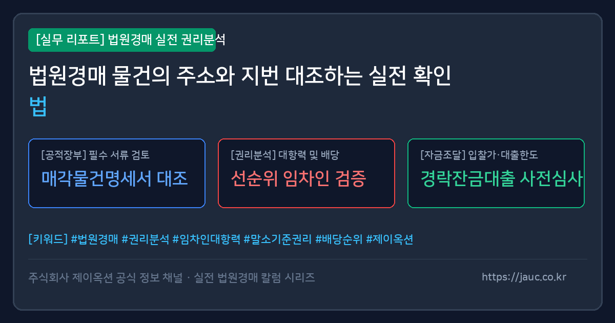 법원경매 주소와 지번 대조 절차를 정리한 체크리스트형 안내 이미지