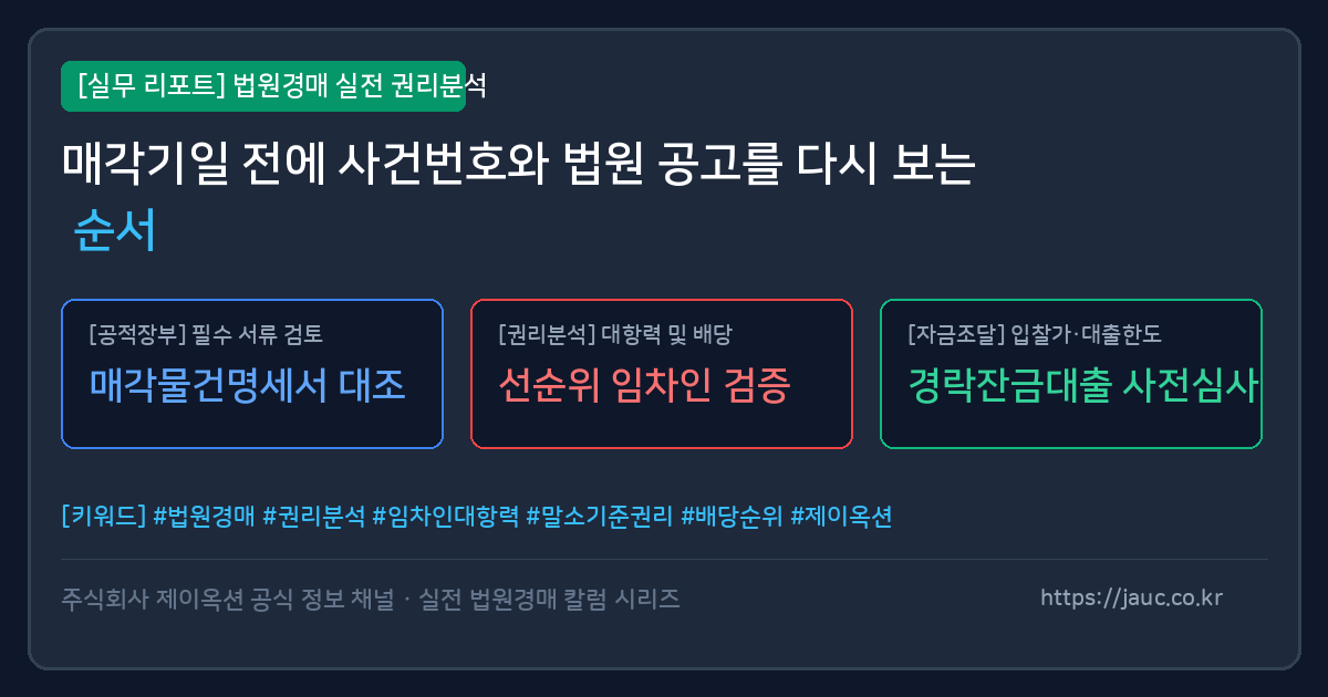 법원경매 사건번호와 공고 재확인 순서를 정리한 체크리스트 이미지