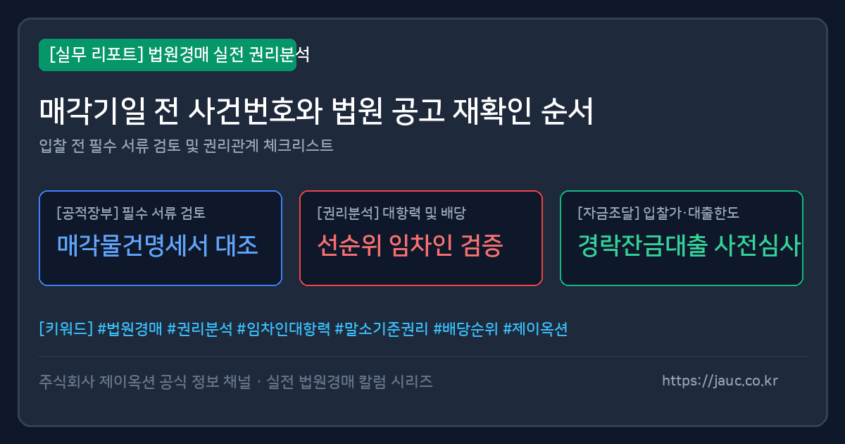 법원경매 사건번호와 공고 재확인 순서 체크리스트 그래픽