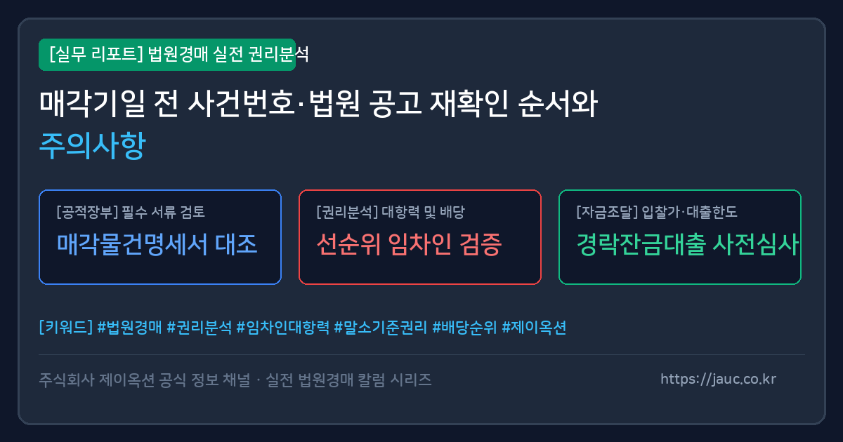 매각기일 전 사건번호와 법원 공고 재확인 순서를 담은 단계별 체크리스트 그래픽