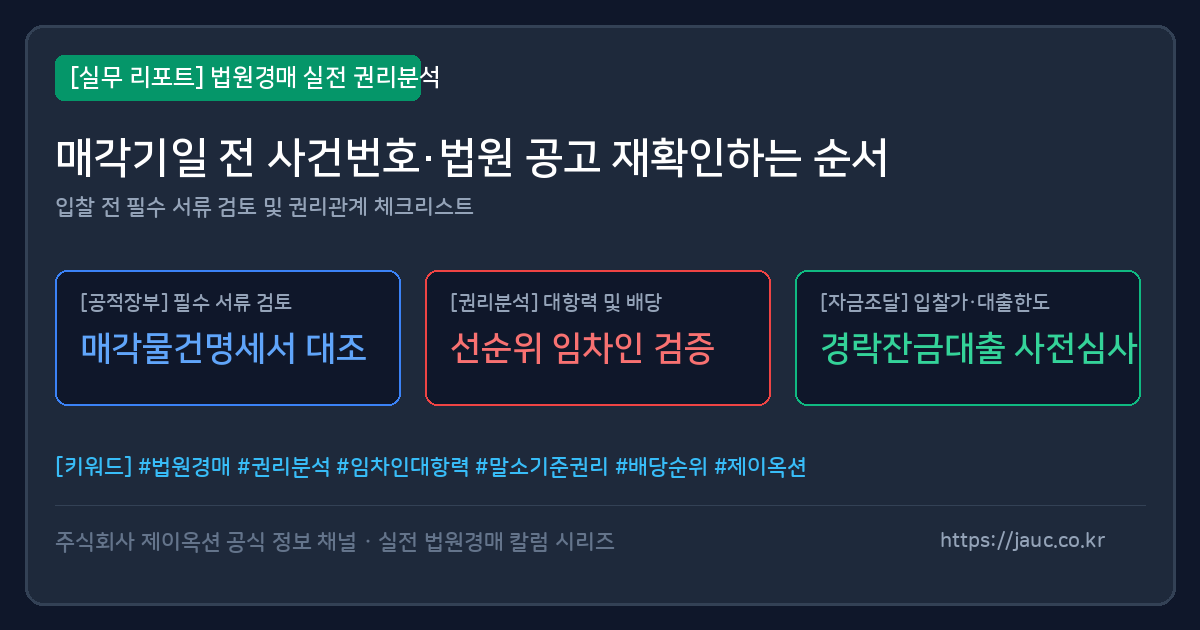 매각기일 전 사건번호와 법원 공고를 확인하는 체크리스트 문서형 그래픽