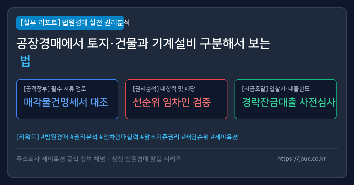 공장경매 토지·건물·기계설비 구분 체크리스트를 보여주는 문서형 그래픽