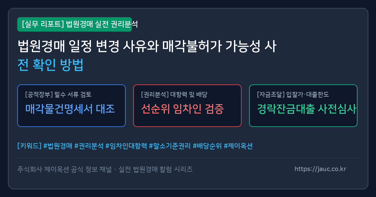 법원경매 일정 변경 및 매각불허가 확인 방법을 설명하는 체크리스트 그래픽
