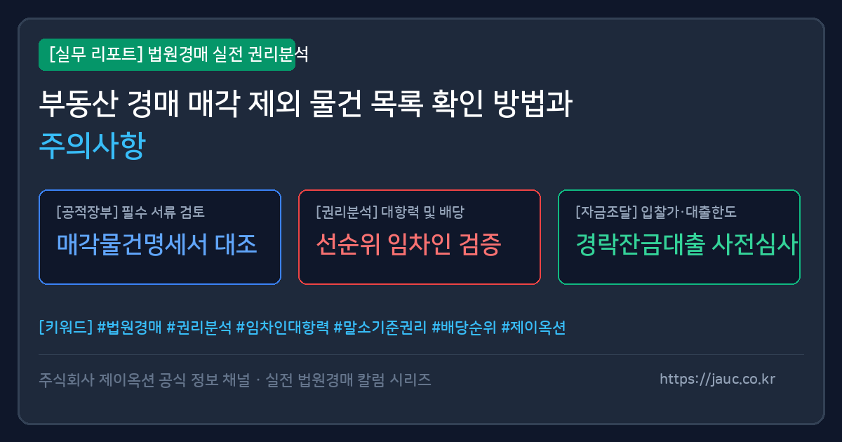 부동산 경매 매각 제외 물건 확인 절차와 문서 항목을 정리한 체크리스트 그래픽 이미지