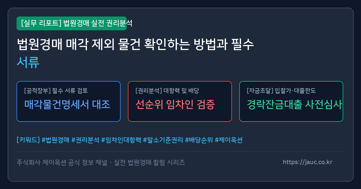 법원경매 매각 제외 물건 확인 절차를 나타낸 서류 체크리스트 그래픽