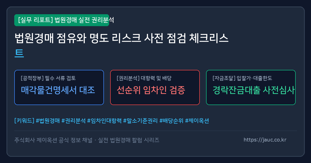 법원경매 점유 및 명도 리스크 점검 항목이 정리된 체크리스트 리포트 그래픽