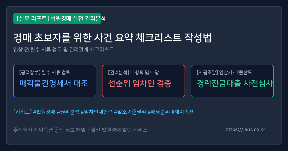 경매 사건 요약 양식 항목이 정리된 체크리스트 리포트 카드 그래픽 이미지