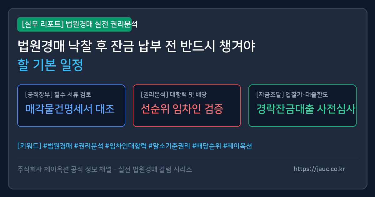 법원경매 낙찰 후 잔금 납부 절차와 기본 일정을 정리한 체크리스트 그래픽