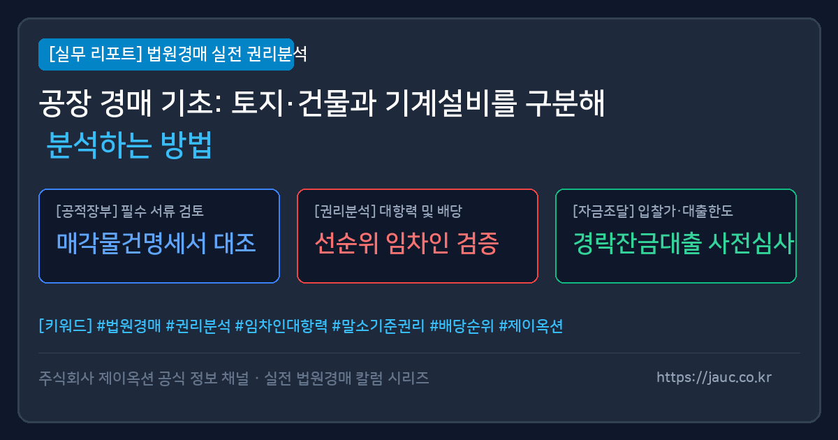 공장 경매 시 토지 건물과 기계설비 분리 분석 방법을 나타낸 체크리스트 그래픽