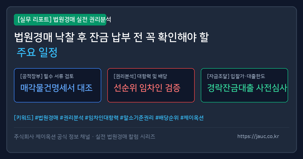 법원경매 낙찰 후 잔금 납부 일정과 점검 항목을 정리한 타임라인 그래픽 이미지