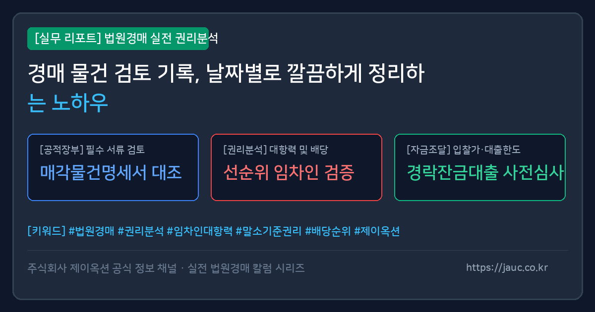 날짜별 경매 물건 검토 내역과 체크리스트가 정리된 문서 그래픽 이미지