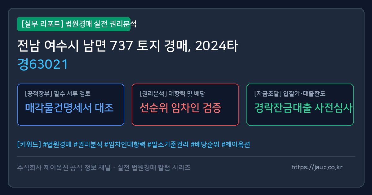 여수 토지 경매 물건의 확인 포인트를 정리한 안내 그래픽