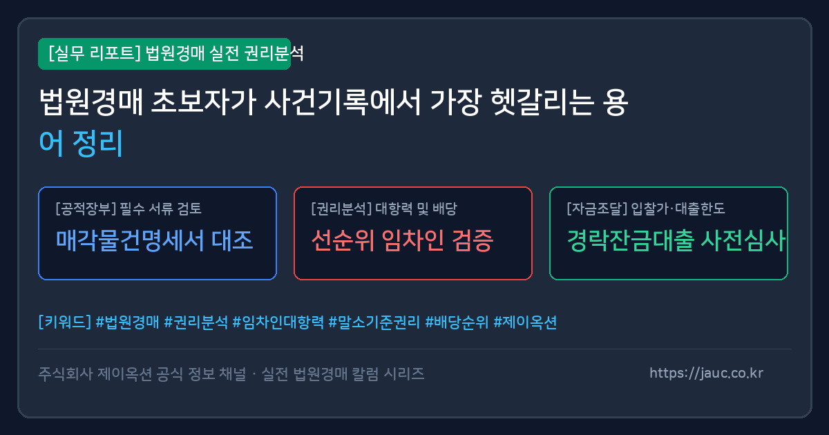 법원경매 사건기록의 주요 용어와 권리분석 체크포인트를 정리한 리포트 그래픽
