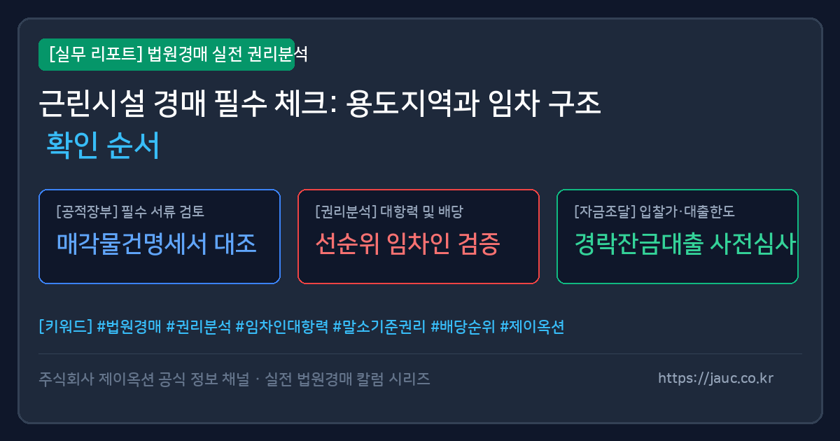 근린시설 경매 절차 중 용도지역과 임차 구조 확인 순서를 담은 인포그래픽 체크리스트 그래픽