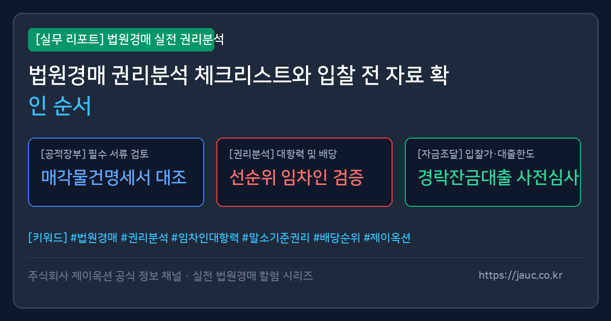 법원경매 권리분석 체크리스트와 서류 확인 순서를 정리한 문서형 인포그래픽 이미지