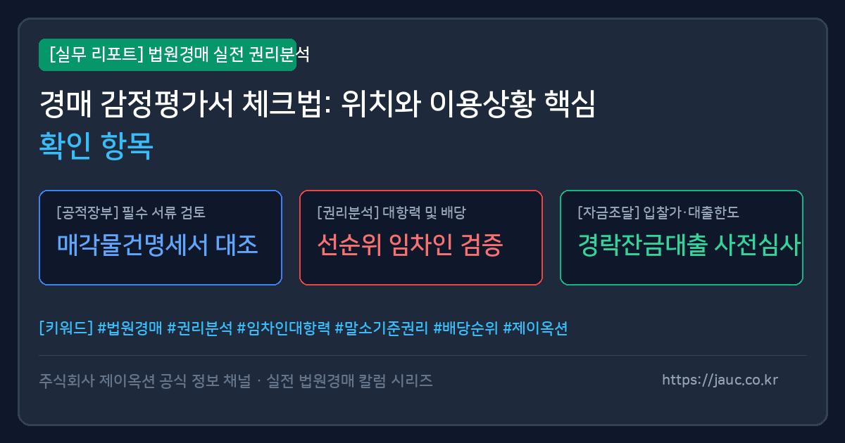 경매 감정평가서의 위치 및 이용상황 핵심 확인 항목을 정리한 그래픽 체크리스트 카드