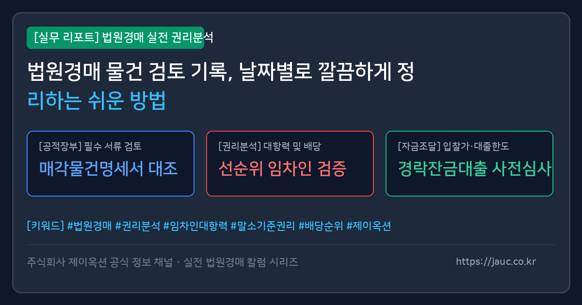 날짜별 경매 물건 검토 체크리스트와 리포트 카드가 담긴 정리용 그래픽 이미지