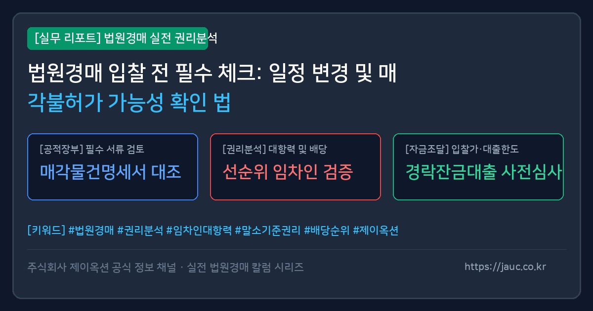 법원경매 일정 변경과 매각불허가 가능성 확인 방법을 안내하는 체크리스트 그래픽