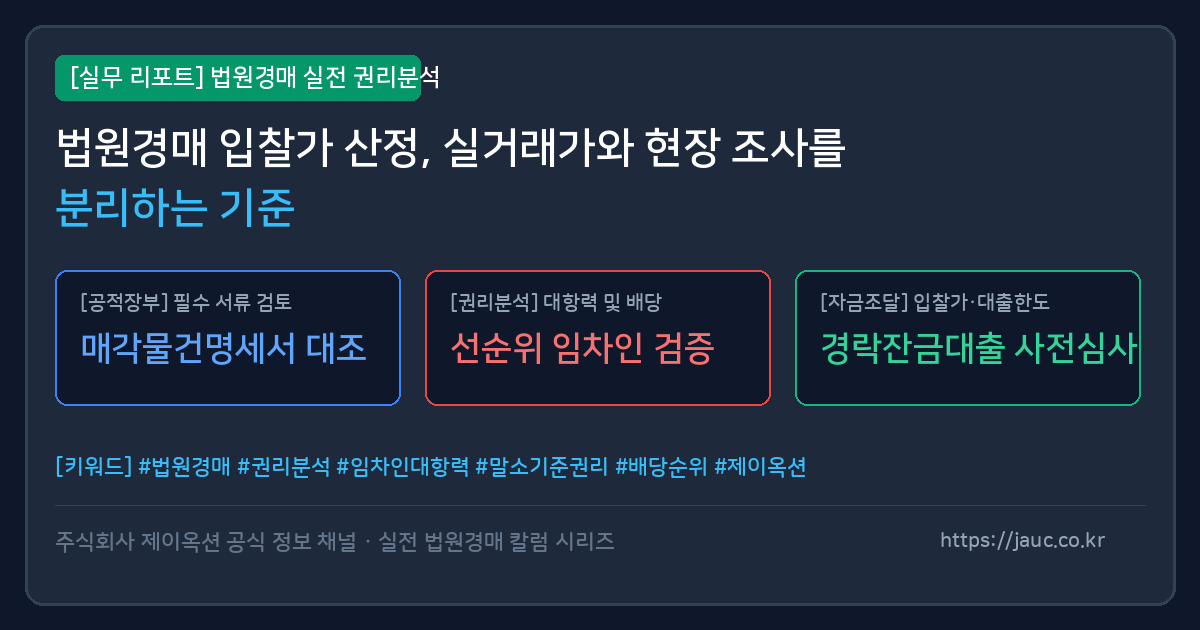 경매 물건의 실거래가 분석과 현장 점검 항목을 비교 정리한 리포트 그래픽