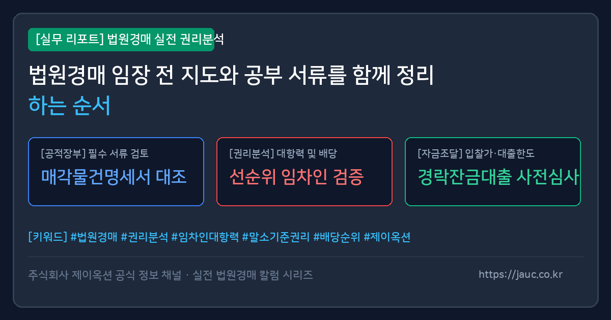 경매 물건 현장 방문 전 지도와 공적 서류를 대조해 정리하는 체크리스트 그래픽
