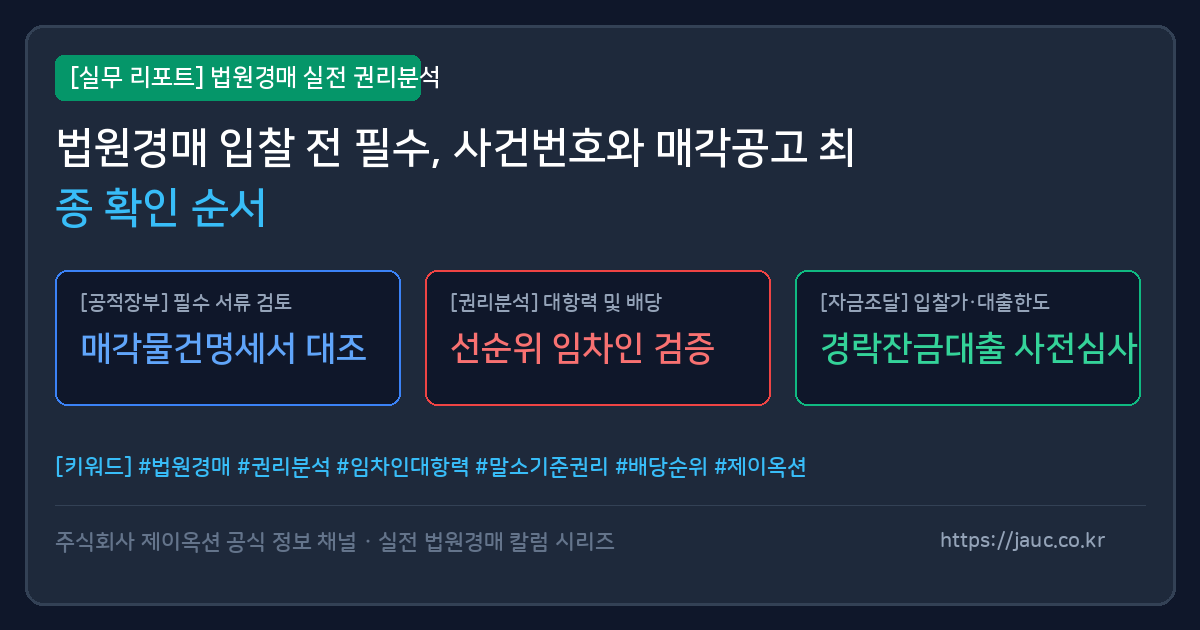 법원경매 사건번호와 매각공고 확인 단계를 정리한 체크리스트 인포그래픽