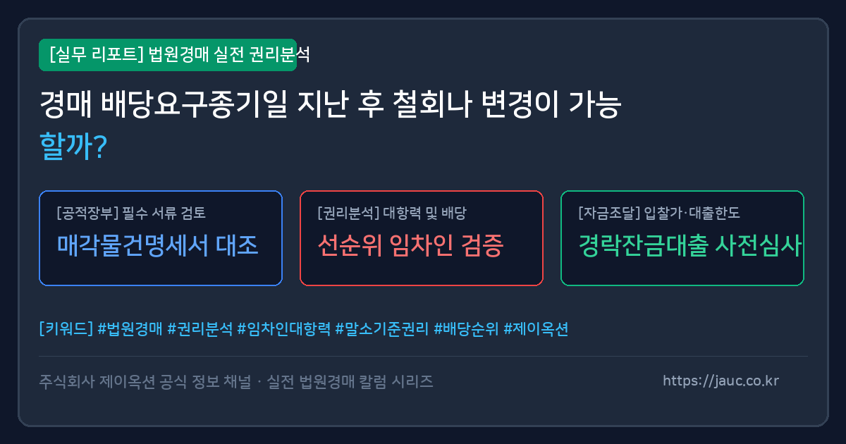 부동산 경매 배당요구종기일 준수와 철회 불가 원칙을 안내하는 그래픽 체크리스트