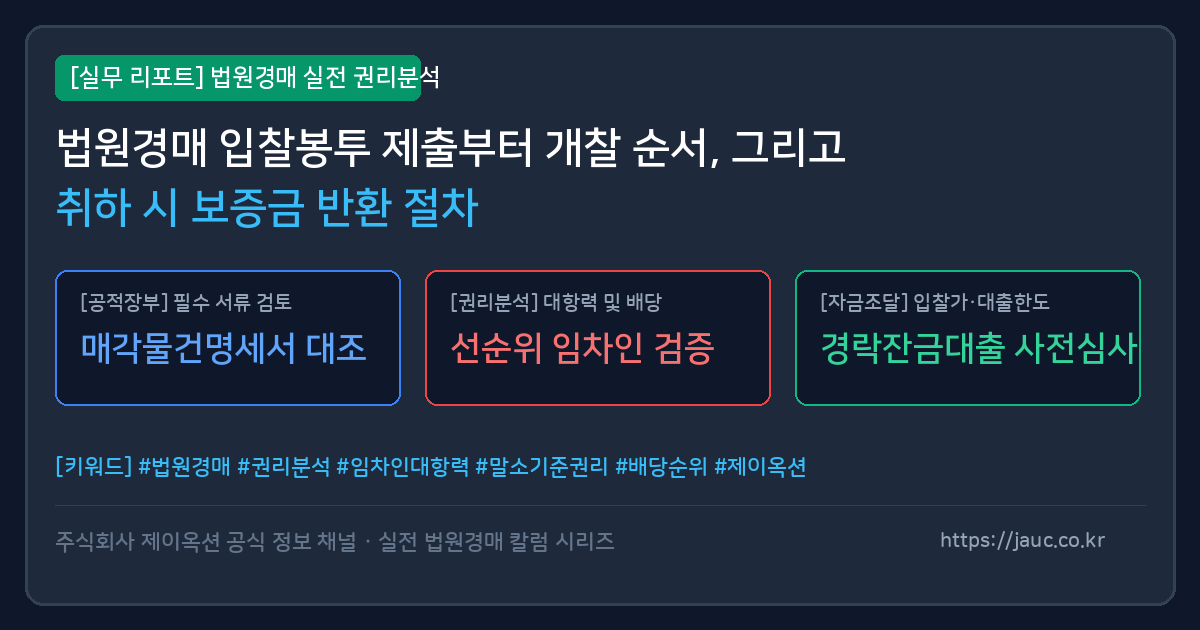 법원경매 입찰봉투 제출부터 개찰 순서 및 보증금 반환 절차를 정리한 인포그래픽