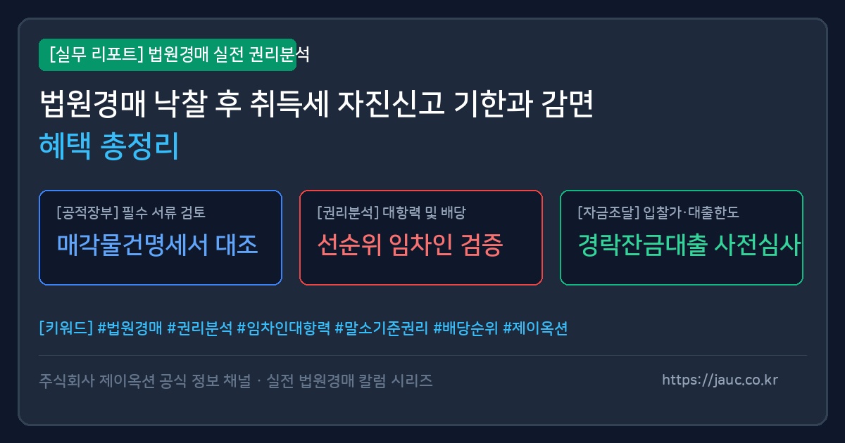 법원경매 낙찰 후 취득세 자진신고 기한과 감면 혜택 요약 체크리스트 그래픽