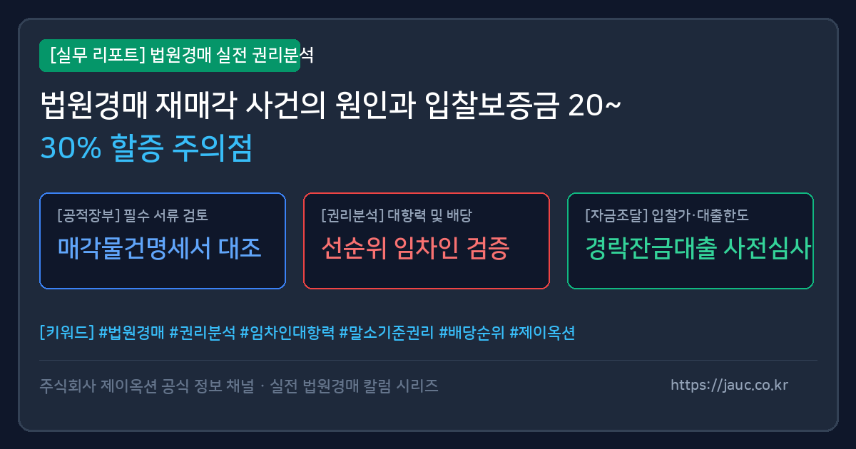 법원경매 재매각 사건 원인과 입찰보증금 20~30% 할증 안내 인포그래픽