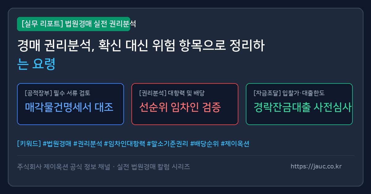 경매 권리분석 위험 항목 정리와 체크리스트를 나타내는 문서형 그래픽