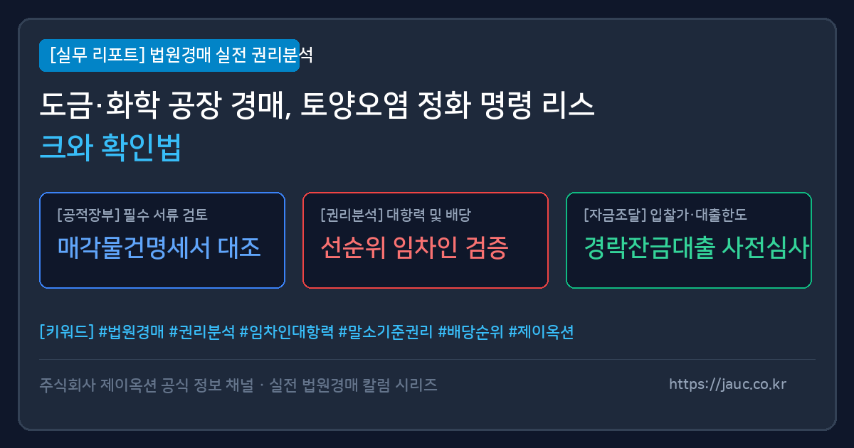 도금 및 화학 공장 경매 토양오염 정화 리스크 체크리스트 인포그래픽