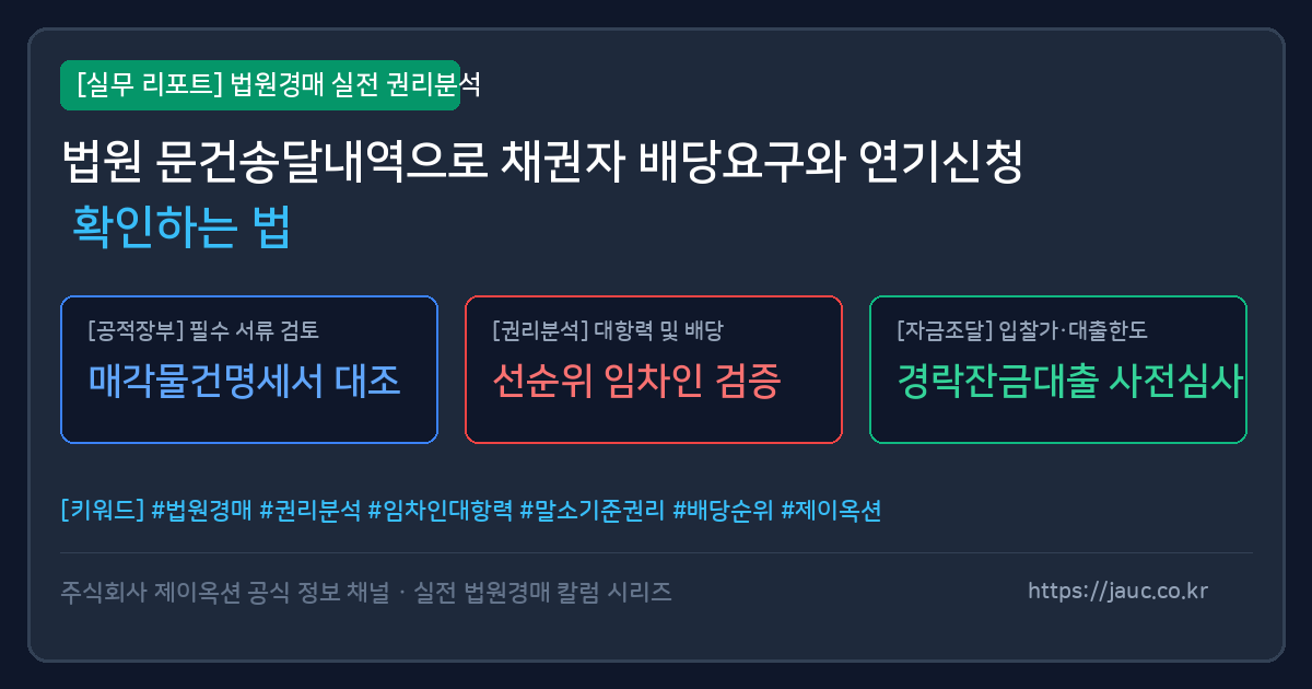 법원 경매 문건송달내역에서 배당요구와 연기신청을 확인하는 방법을 요약한 인포그래픽