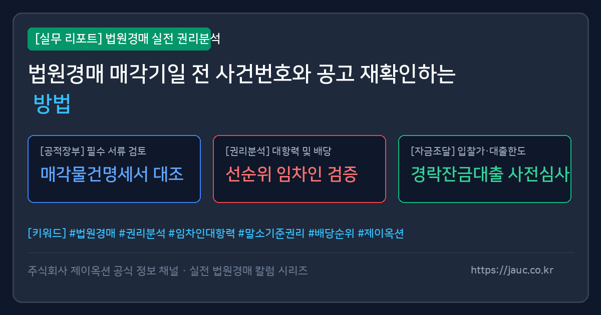 법원경매 매각기일 전 사건번호와 공고 재확인을 위한 체크리스트 문서 그래픽