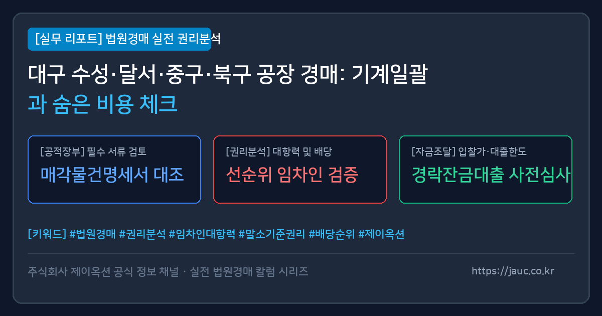 대구 공장 창고 경매 시 기계일괄매각 및 비용 체크포인트를 정리한 인포그래픽