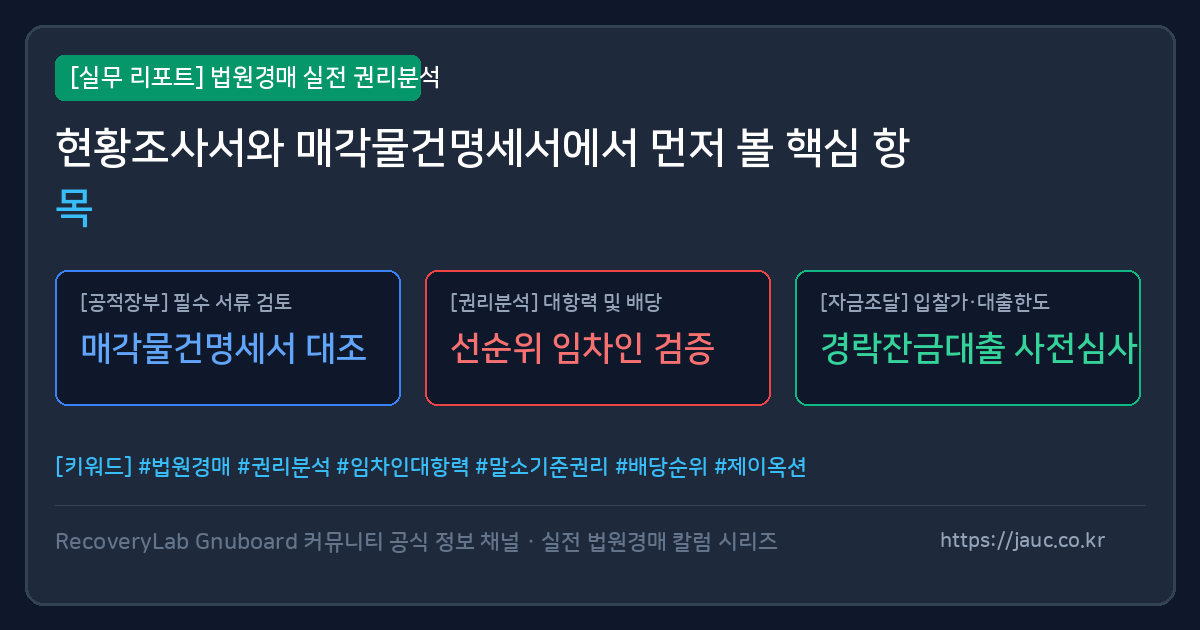 현황조사서와 매각물건명세서 체크포인트를 정리한 인포그래픽
