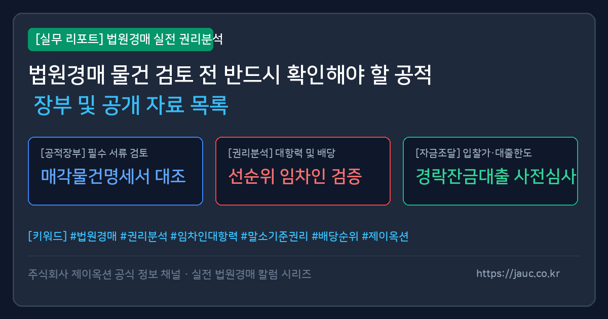 법원경매 물건 검토에 필요한 공적 장부 및 서류 체크리스트 인포그래픽