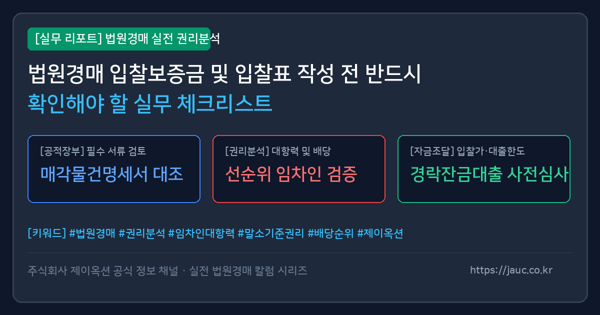 법원경매 입찰표 작성 전 확인해야 할 항목들을 정리한 체크리스트 인포그래픽