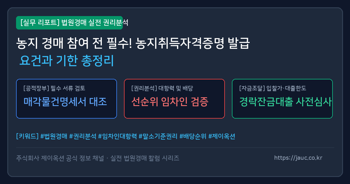 농지 경매 시 필요한 농지취득자격증명 요건과 기한 안내 인포그래픽