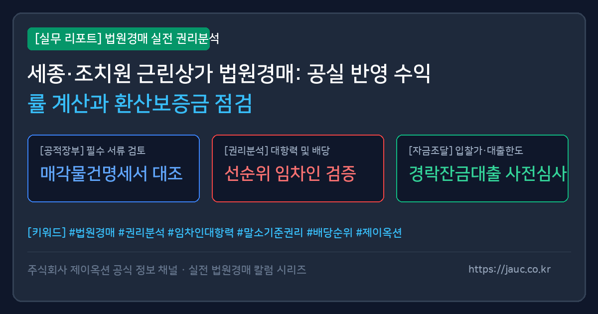 세종 조치원 상가 경매 공실 수익률 및 환산보증금 체크리스트 인포그래픽