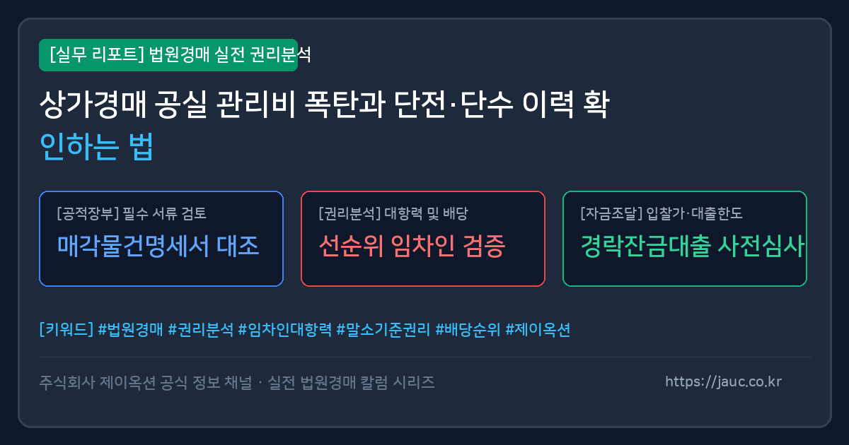 상가 경매 공실 관리비 및 단전 단수 확인 체크리스트 인포그래픽