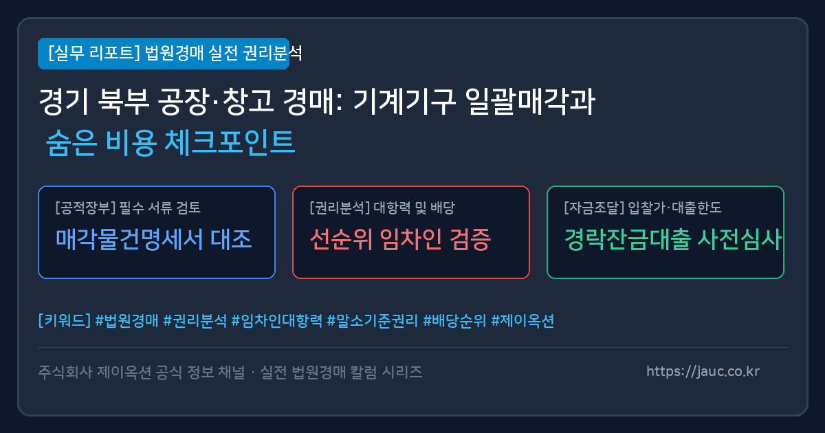 경기 공장 창고 경매 시 기계기구 일괄매각과 숨은 비용 체크리스트를 정리한 그래픽