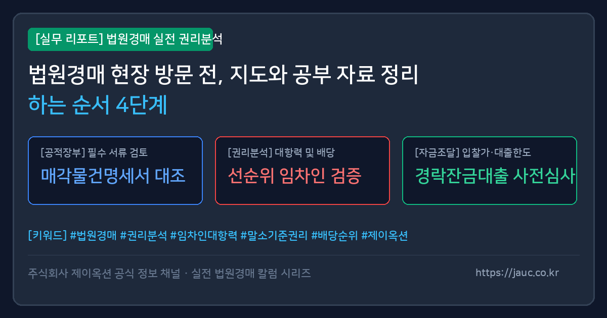 법원경매 현장 방문 전 지도와 공부 자료를 정리하는 체크리스트와 문서 일러스트