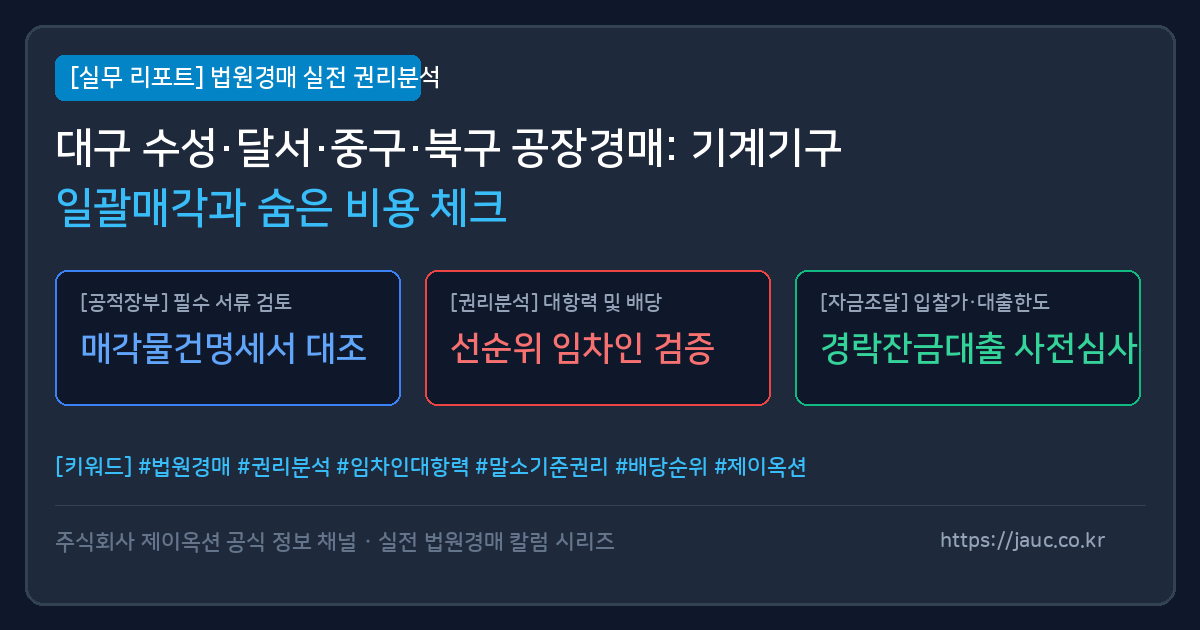 대구 공장 창고 경매 기계기구 일괄매각 및 부대비용 체크리스트 인포그래픽