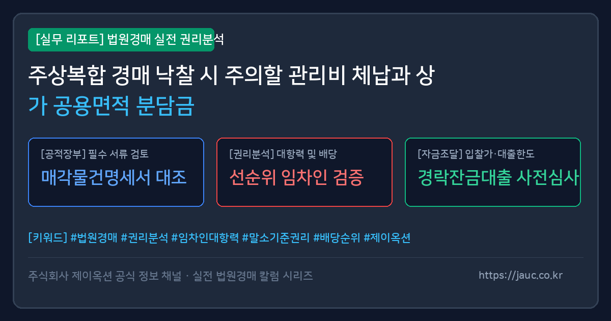 주상복합 경매 관리비 체납 및 공용면적 체크리스트 인포그래픽