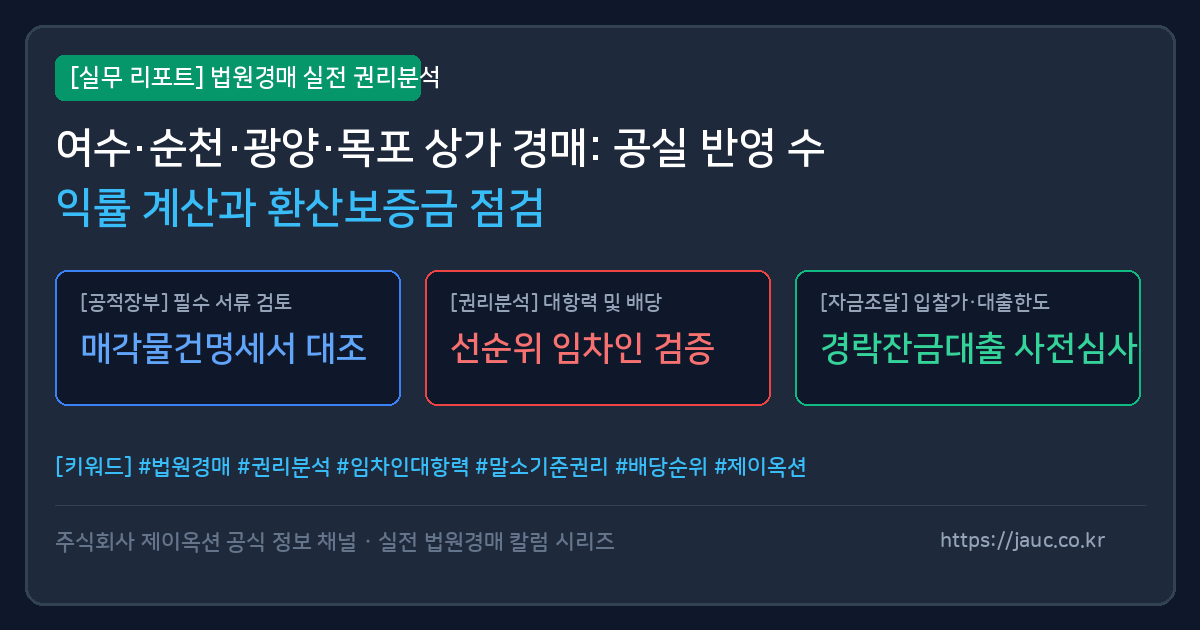 여수 순천 광양 목포 상가 경매 수익률 계산 및 환산보증금 점검 체크리스트 인포그래픽