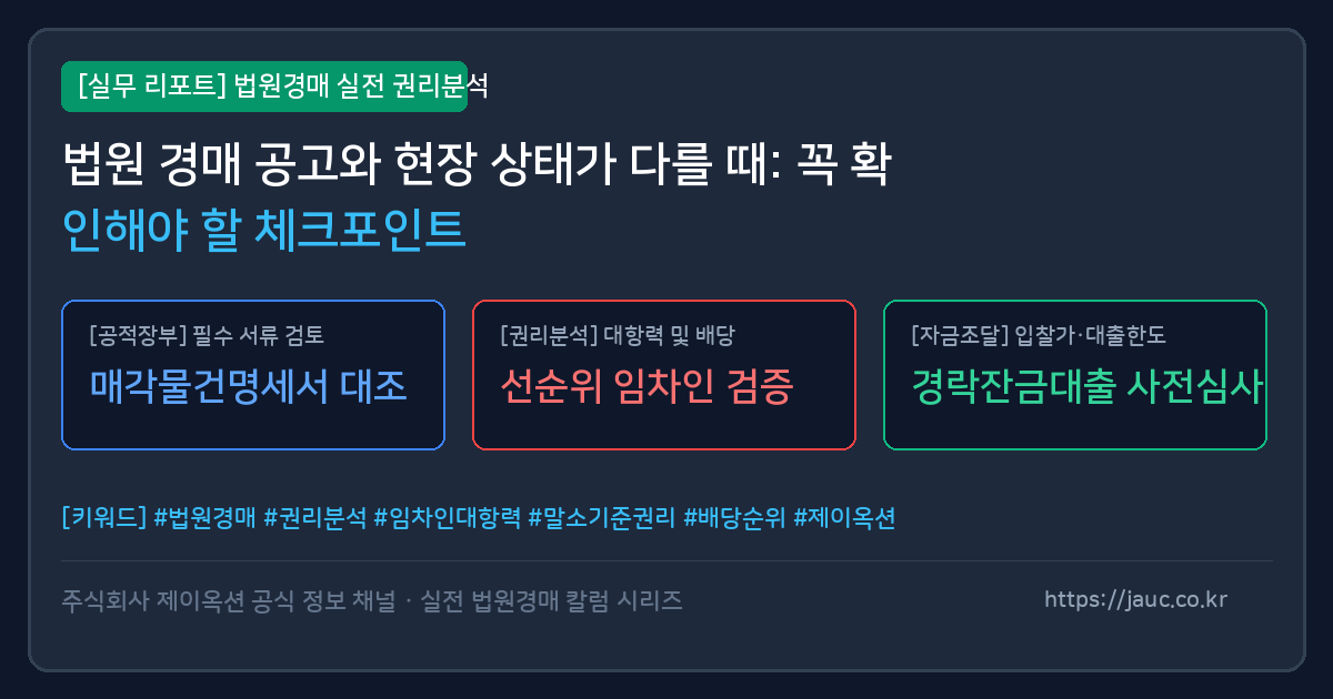 법원 공고와 현장 상태 비교를 위한 체크리스트 문서 그래픽