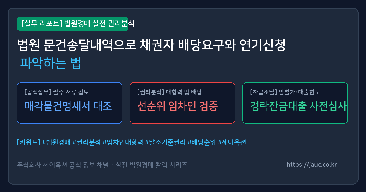 법원 경매 문건송달내역에서 배당요구와 연기신청을 확인하는 방법을 요약한 인포그래픽