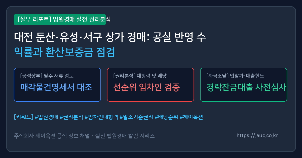 대전 상가 경매 공실 반영 수익률 및 환산보증금 체크리스트 인포그래픽