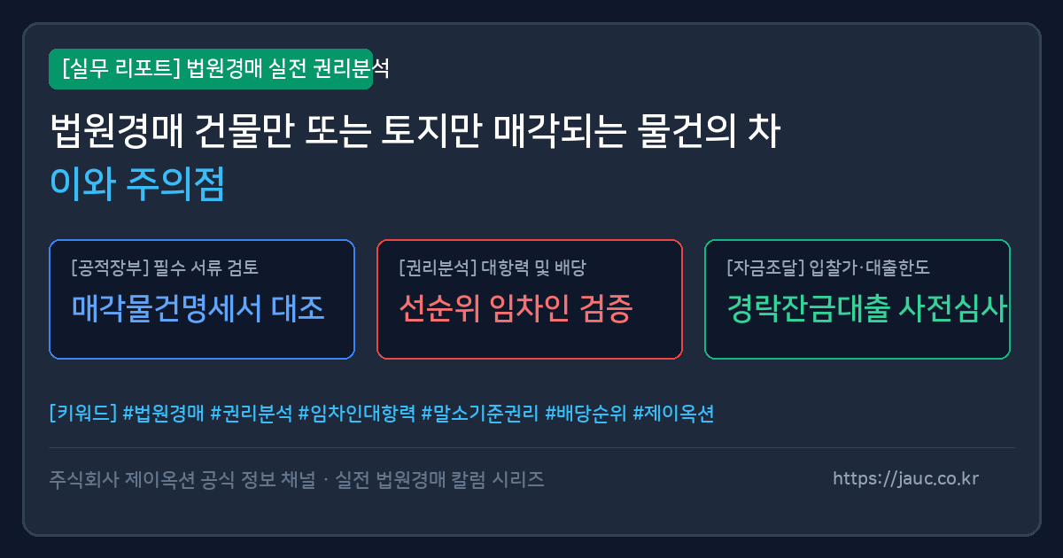 법원경매 토지 단독 매각과 건물 단독 매각의 차이점을 정리한 리포트 카드 그래픽