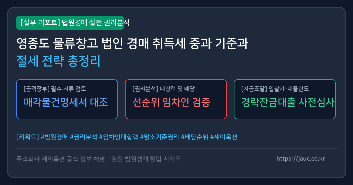 영종도 물류창고 법인 경매 취득세 및 절세 전략 체크리스트 인포그래픽
